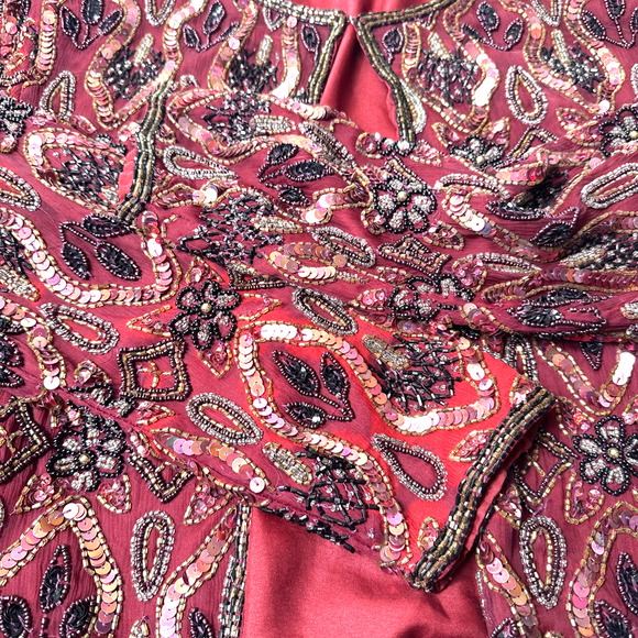 Vintage STENAY Beaded Silk Jacket Size L FLAWS Burgundy Wine Dark Red Floral - Picture 3 of 13